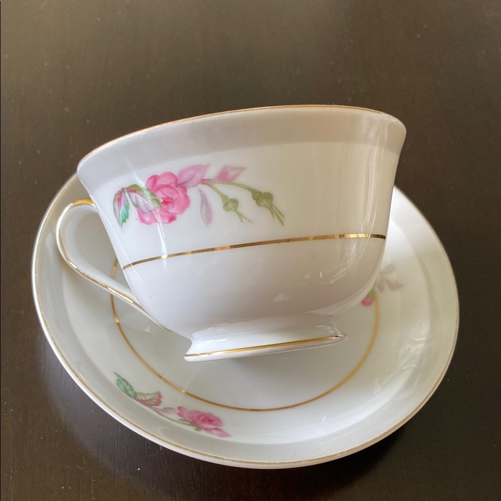 Fine China MCM Vintage White Tea Cup & Saucer with Pink Rose Motif and Gold Trim